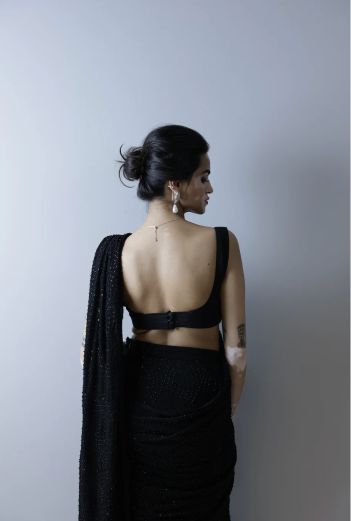 Black Pre Draped Cut Dana Work Saree