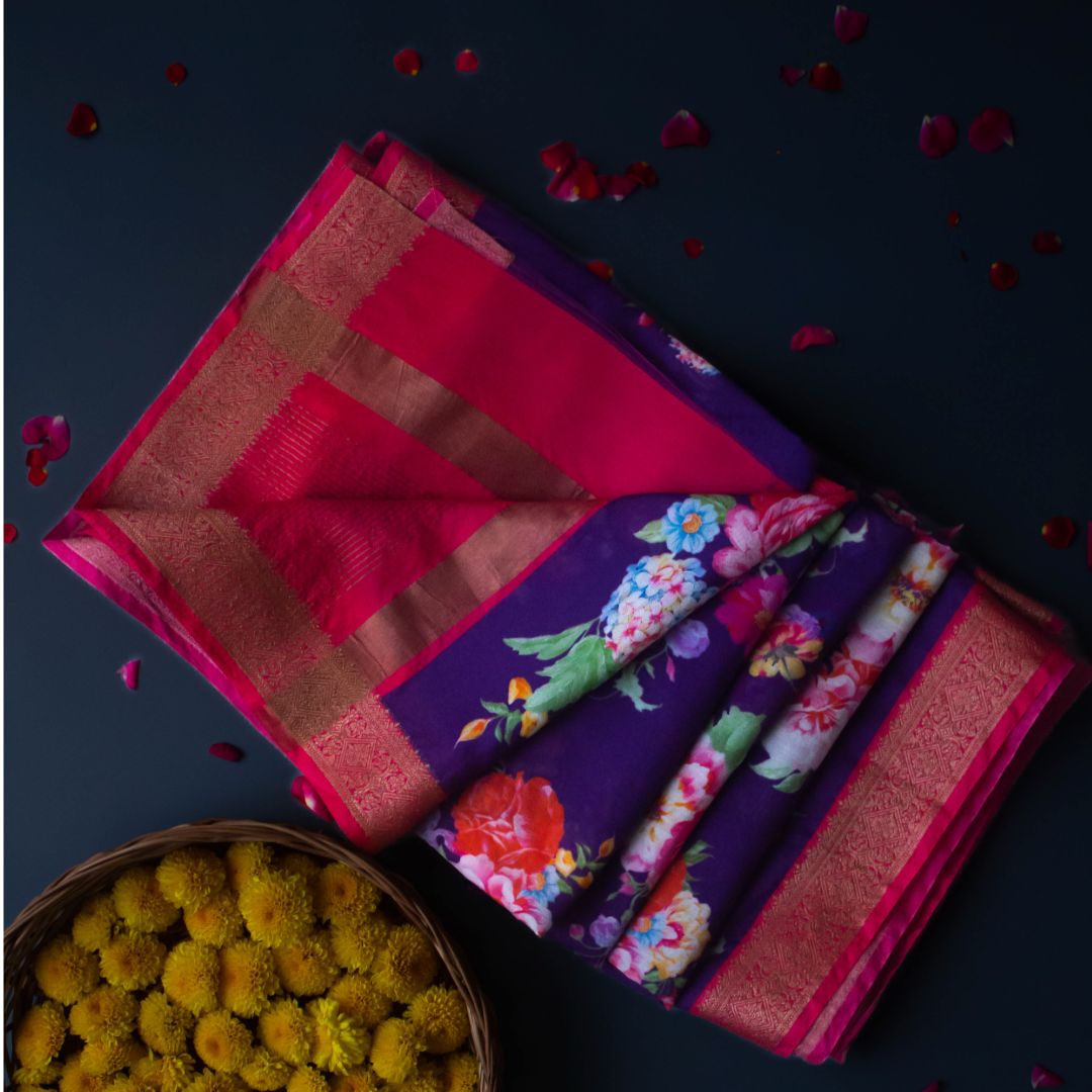 Chanderi Floral Digital Print Saree in Violet