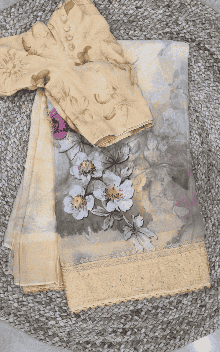 Yellow Floral Printed Georgette Saree with Chikankari Border
