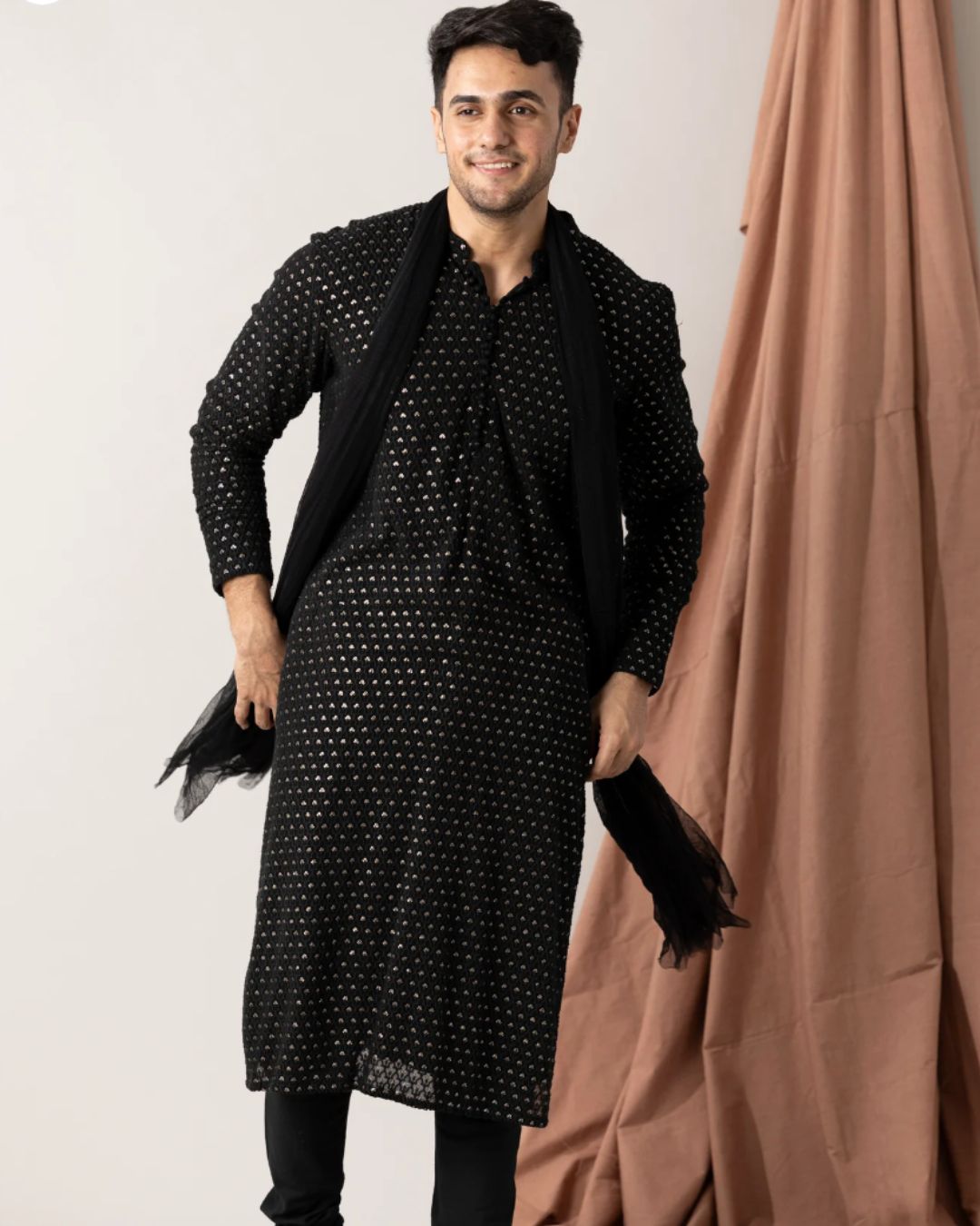Embroidered Black Georgette Kurta With Pants