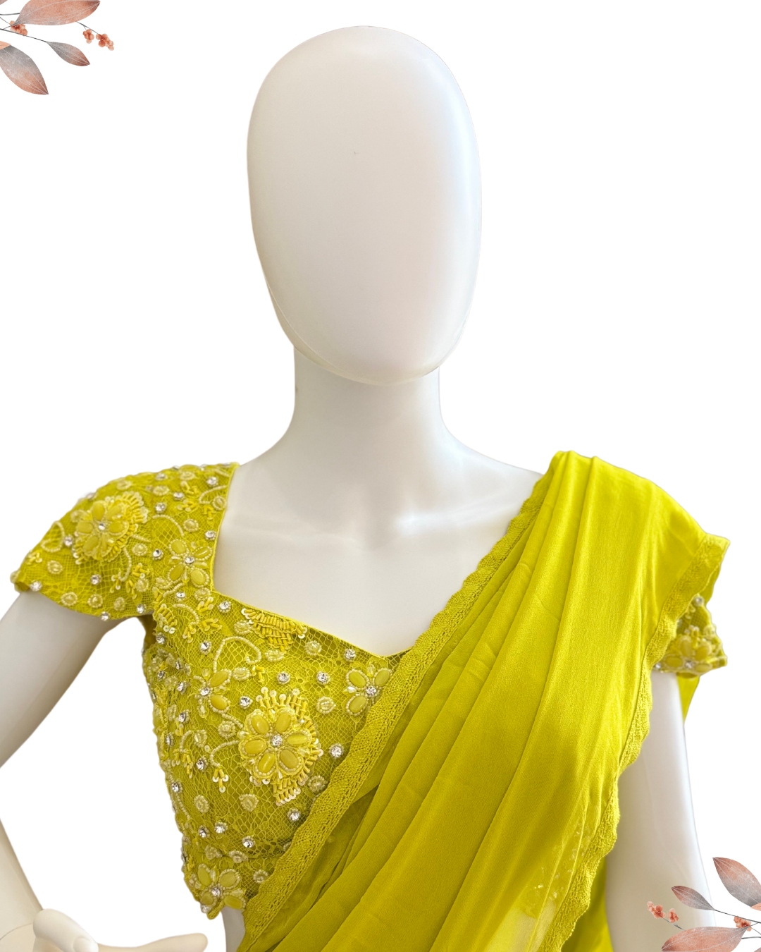Lime Green Pre-Draped Tiered Saree
