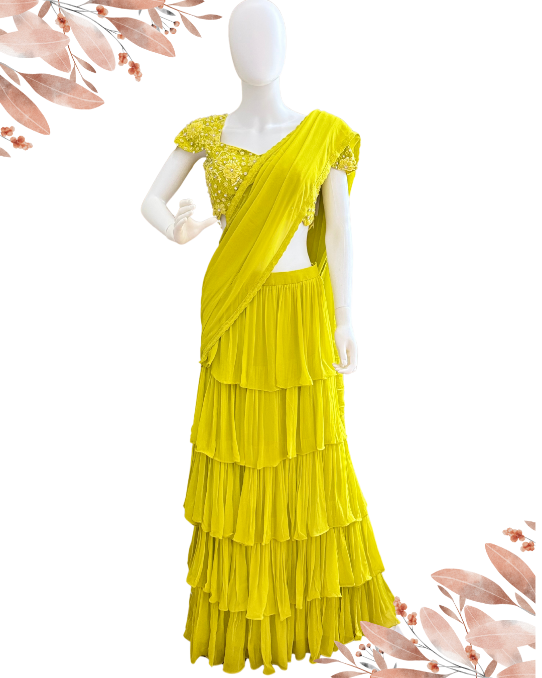 Lime Green Pre-Draped Tiered Saree