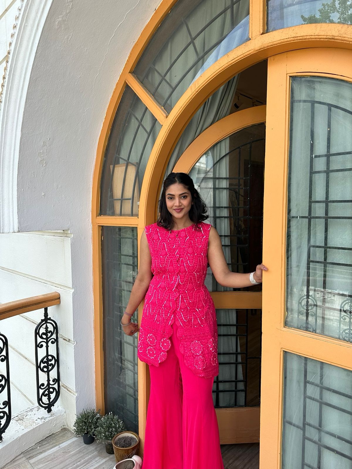 Pink Chikankari Top with Box Pleat Pants