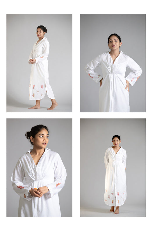 White Emroidered Maxi Shirt Dress