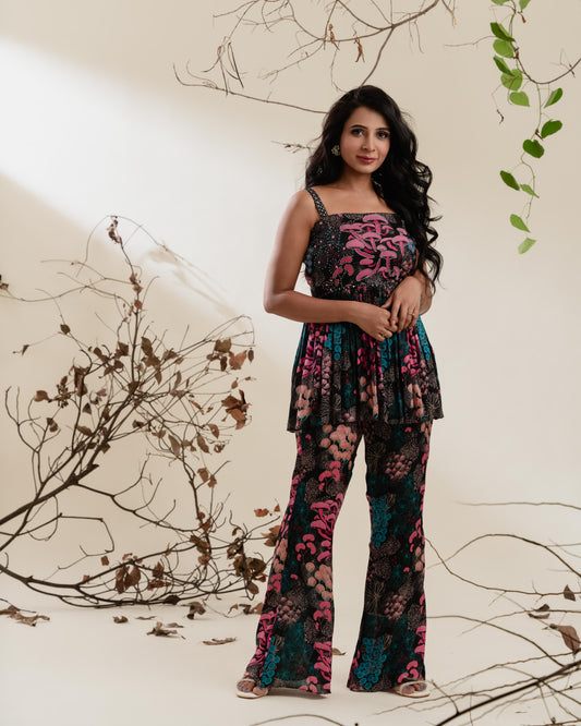 Black Floral Beaded Peplum Co-ord Set with Mirrorwork Belt
