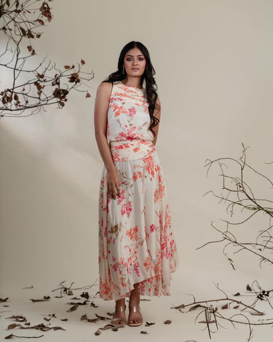 Floral Asymmetrical Skirt Set with Beaded Raglan Top
