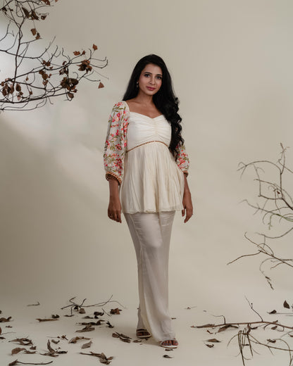 Off-White Floral Sleeve Peplum Co-ord Set with Mirror Embellishment
