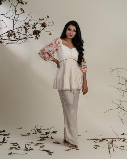Off-White Floral Sleeve Peplum Co-ord Set with Mirror Embellishment