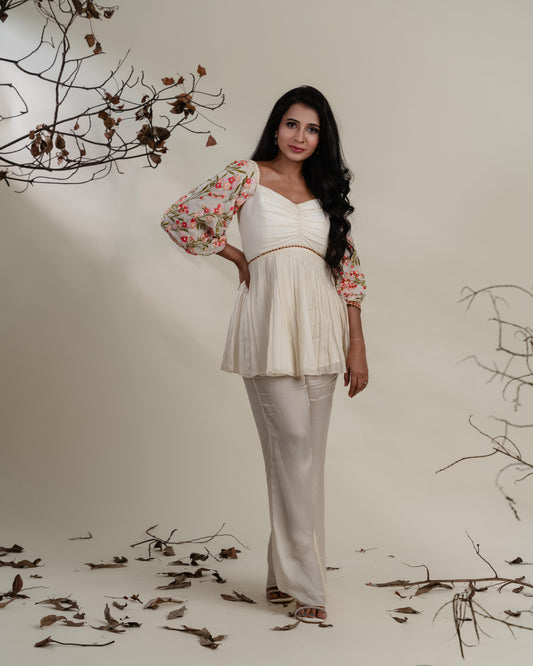 Off-White Floral Sleeve Peplum Co-ord Set with Mirror Embellishment