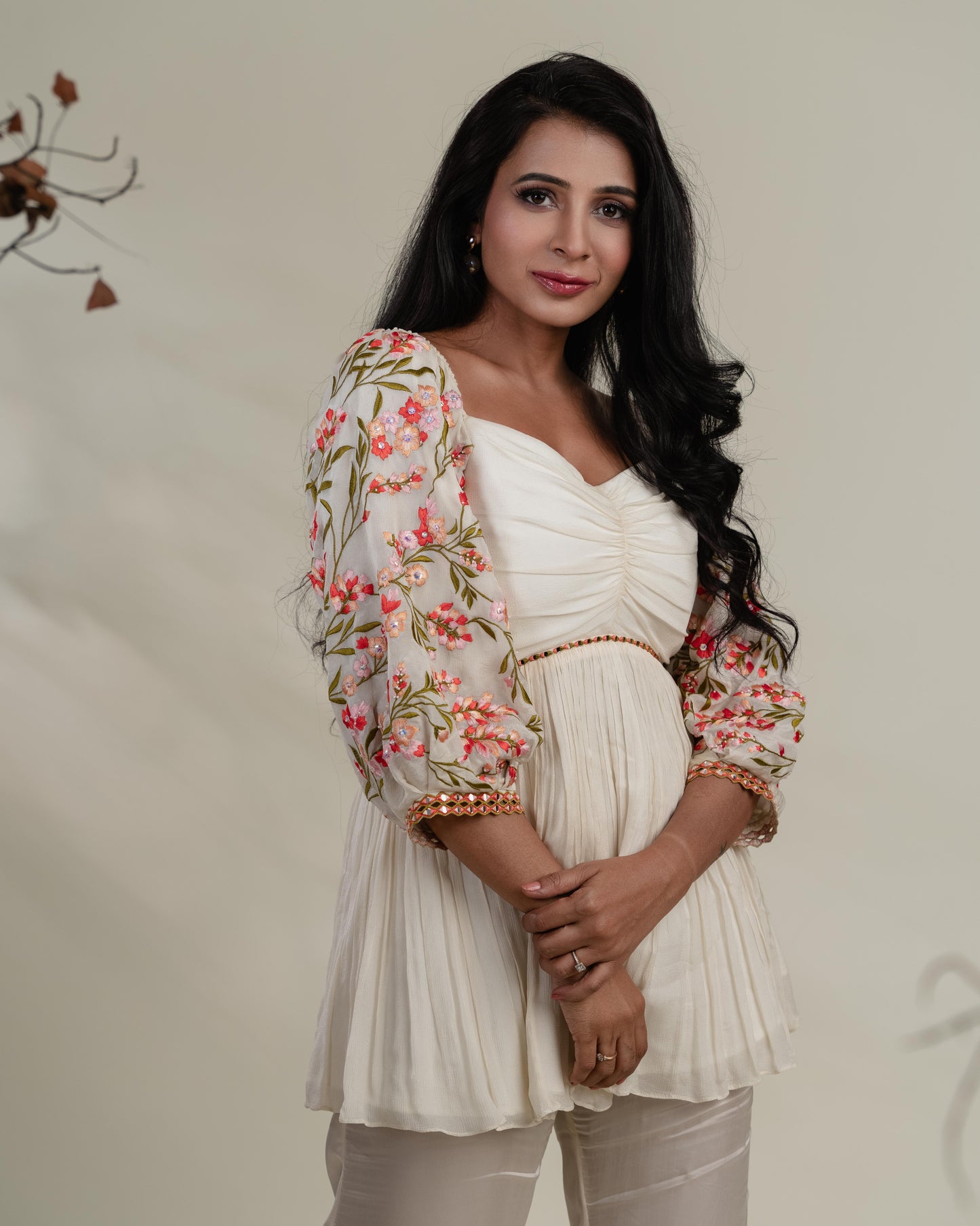 Off-White Floral Sleeve Peplum Co-ord Set with Mirror Embellishment