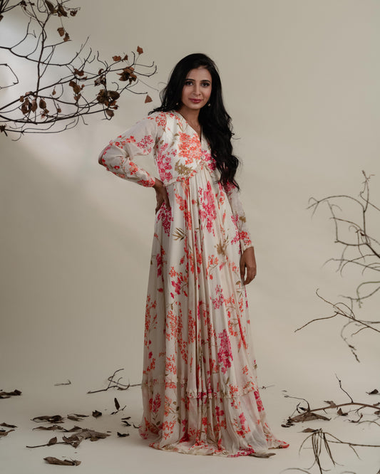 Off-White Calf-Length Floral Tier Dress with Butterfly Sleeves