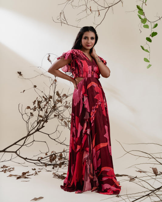 Maroon & Coral Floral Maxi Dress with Side Cutout and Slit