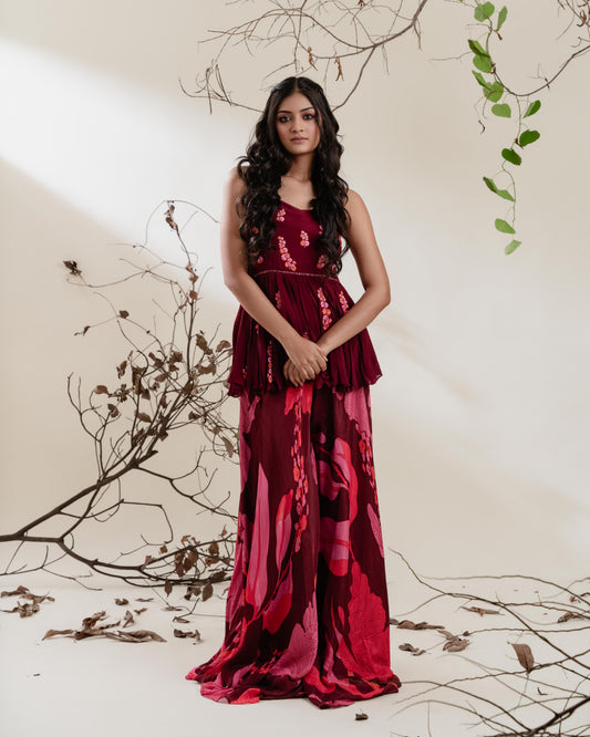 Maroon Floral Peplum Set with Mirror Embroidery & Flared Pants