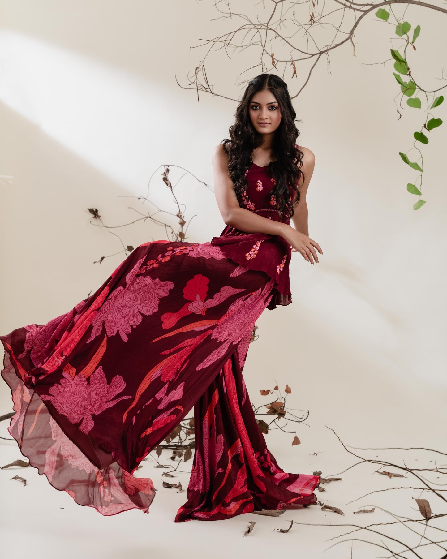 Maroon Floral Peplum Set with Mirror Embroidery & Flared Pants