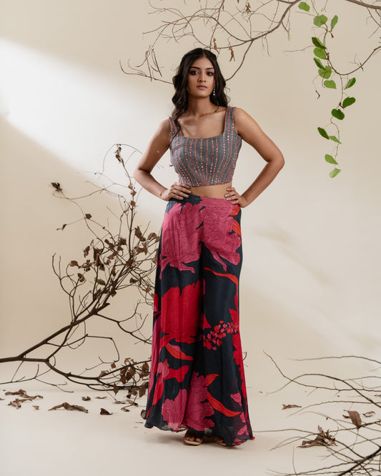 Floral Indo-Western Co-ord Set in Charcoal and Fuchsia