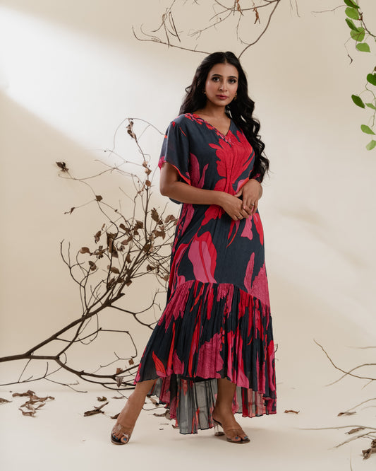 Charcoal High-Low Floral Dress with Waist Twist Detail