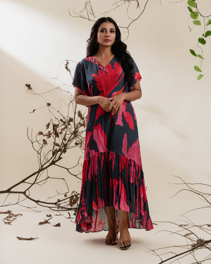 Charcoal High-Low Floral Dress with Waist Twist Detail