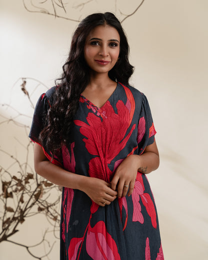 Charcoal High-Low Floral Dress with Waist Twist Detail