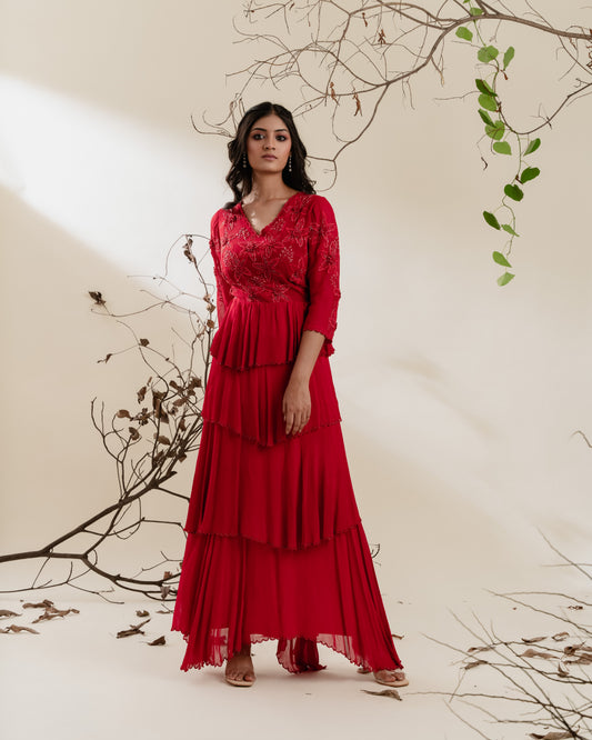 Red Tiered Georgette Dress with Embroidery & Scallop Beading