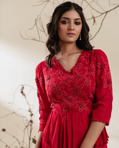 Red Tiered Georgette Dress with Embroidery & Scallop Beading
