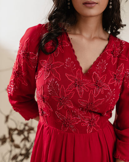 Red Tiered Georgette Dress with Embroidery & Scallop Beading