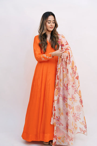 Chiffon Anarkali  with Floral Dupatta