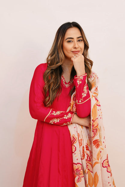 Chiffon Anarkali  with Floral Dupatta