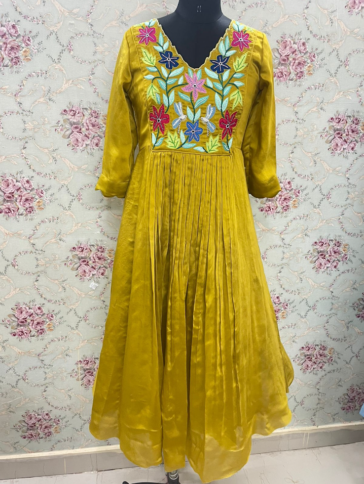 Mustard Yellow Outfit with Multi-Flower Appliqué Yoke Design